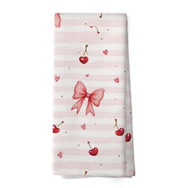 XPH Coquette Bow Cherry Valentines Kitchen Dish Towels, Pink Preppy Bathroom Decor, Coquette Party Towels, Trendy Funky Bowknot Hand Towel Kitchen Tea Towel Girl Drom Apartment Decorations, 16x24inch