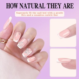Coffin Press On Nails White French Tip Long Square False Nails with Bling Butterfly Charm Designs 24Pcs
