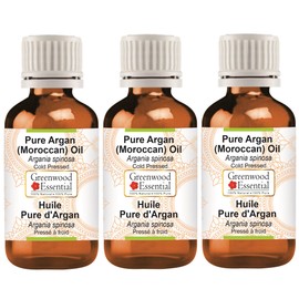 Greenwood Essential Pure Argan Oil (Moroccan) (Argania spinosa) Natural Therapeutic Quality Cold Pressed (Pack of Three) 100 ml x 3 (10 oz)