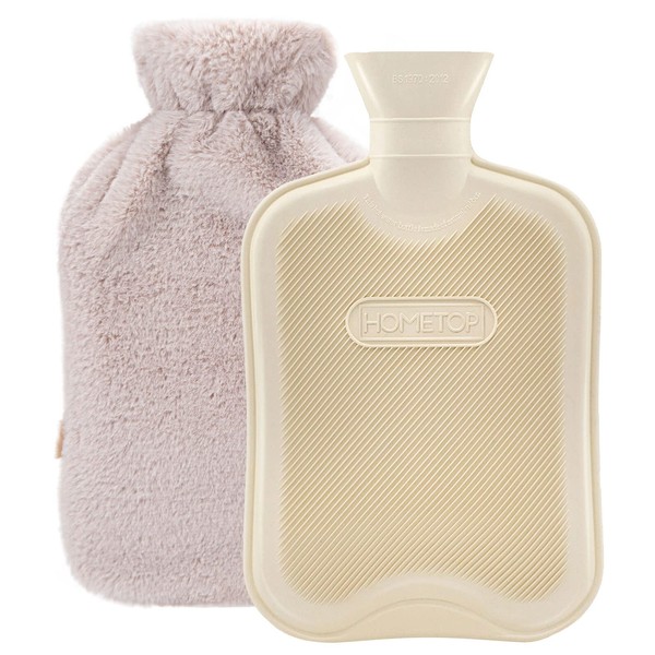 HomeTop Premium Classic Rubber Hot Water Bottle w/Luxurious Faux Fur Plush Fleece Cover (2L, Cream White)