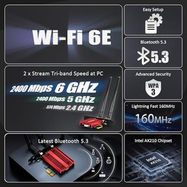 GLOTRENDS WiFi 6E AX5400 Tarjeta PCIe con Soporte de bajo Perfil para PC de sobremesa, Chip Intel AX210, 802.11ax, Bluetooth 5.3, Soporta Windows 11/10/Linux, Soporta Placa Base Intel/AMD
