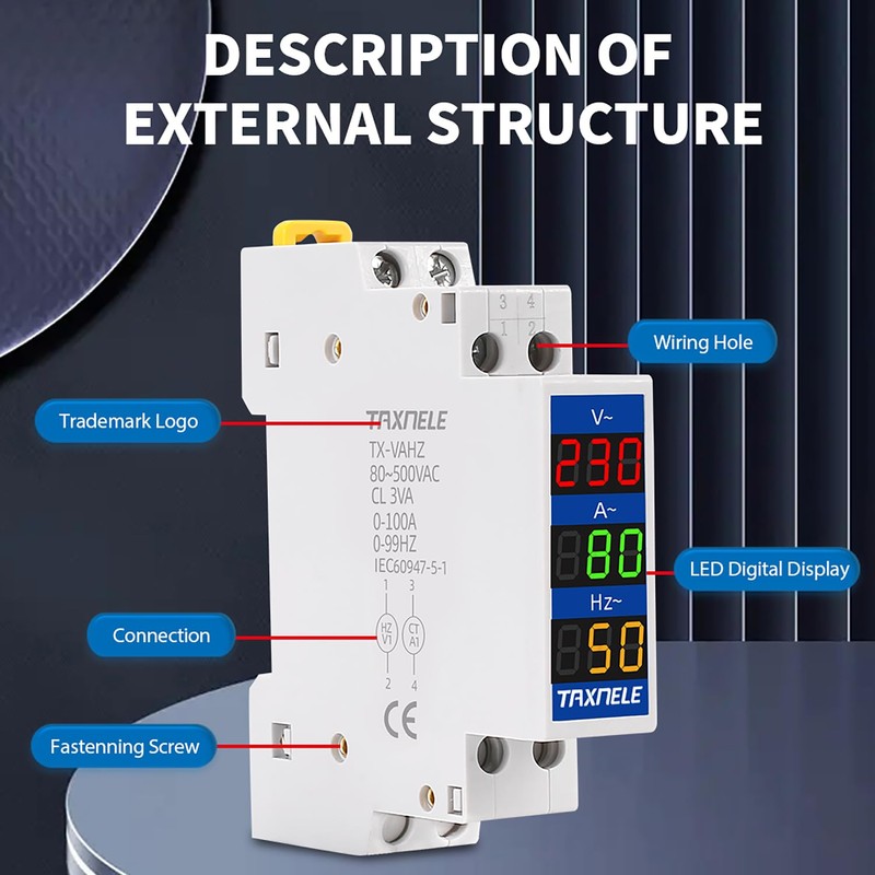 DIN Rail 18 mm Voltage Current HZ Meter AC 80-500V