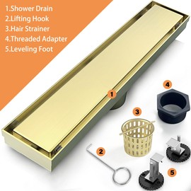 12 Inch Linear Shower Drain Bathroom Kitchen Golden Floor Drain Removable Capsule Pattern Cover Accessories Shower Drain 304 Stainless Steel Drain with Hair Strainer Adjustable Leveling Feet
