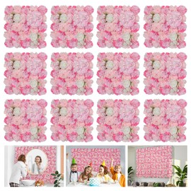 Flower Wall Backdrop 12 Piece of 16.5x16.5 Inch Floral Wall Panel Artificial Silk Rose Wall Decor Ideal for Wedding Celebrations, Festive Party Backdrops, and Home Decor-Pink