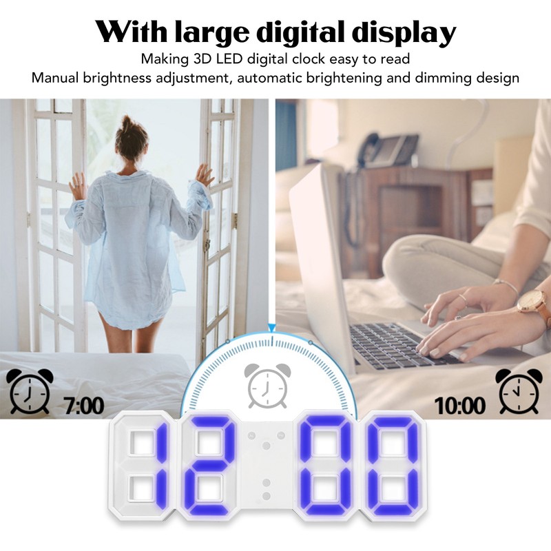 3D LED Digital Clock Dimmable Snooze Time Memory 12/24 Date