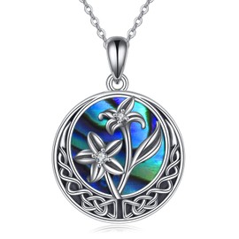 CUPENDA Birth Flower Necklace Sterling Silver Lily Flower Celtic Knot Pendant with Abalone Shell Birthday Jewellery Gift for Women Girls