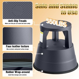 FurniCleevor Rolling Step Stool with Wheels, 550lbs Capacity, Non-Slip Platform & Retractable Casters, Round Kick Stool for Library, Kitchen, Office, Garage, Portable for Adults/Seniors/Kids (Black)