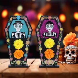DECSPAS Day of The Dead Decorations, 2 PCS Wood Block Woman & Man Sugar Skulls Dia De Los Muertos Decorations, Wooden Coffin Skeleton Decor for Altar, Ofrenda, Home, Table, Mantle, Mexican Fiesta