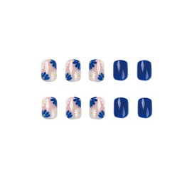 24PCS Short False Nails with Glue Stickers,Coffin Full Cover Acrylic Nails Press on Nails no Glue,White&Blue Flower French Fake Nails Stick on Nails for Women and Girls Nail Art.