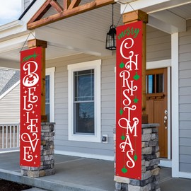 Christmas Decorations Outdoor | Red White Buffalo Plaid Door Banner Set | Merry Christmas & Believe Xmas Decor for Front Porch, Yard, Garage | Indoor & Outdoor Holiday Home Décor | Believe, Merry