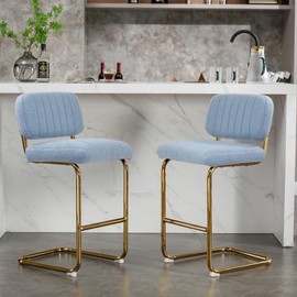 SPOFLYINN Mid Century Modern Bar Stools Set of 2 Counter Height Armless Bar Chairs with Metal Base Upholstered Dining Chairs for Dining Room Kitchen Island Blue