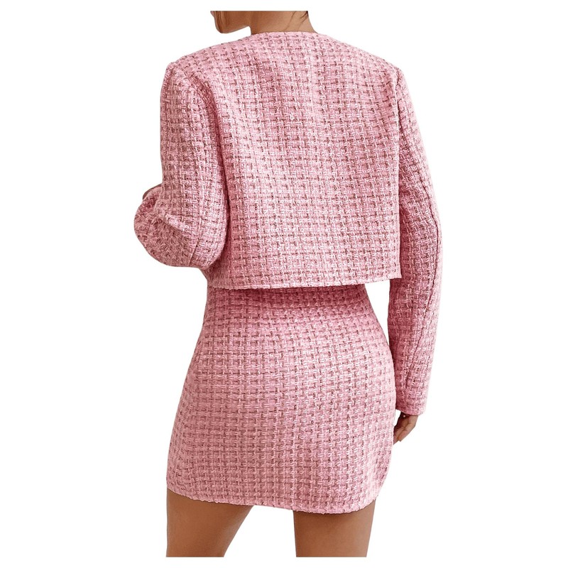 Floerns Women's 2 Piece Outfits Plaid Tweed Blazer Long Sleeve