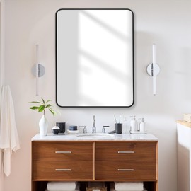 Bonverre 24x30 Inch Rectangle Bathroom Mirror with Black Metal Frame, Rounded Corner Rectangular Vanity Mirror for Wall, Modern Large for Bedroom, Living Room, Horizontal or Vertical