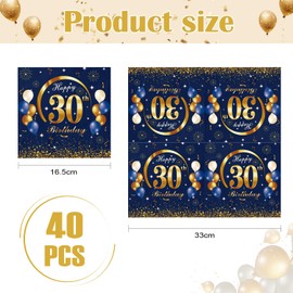 Blue Gold Happy 30th Birthday Napkins, Wentsent 40 Pcs 30th Happy Birthday Party Napkin Disposable, Birthday Serviettes Tissue Cocktail Napkins for Men Women He Her 40th Birthday Table Decorations