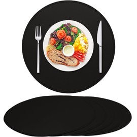 Rinpon PU Faux Leather Thick Wipeable Waterproof Round Placemats Set of 6, Vintage Cute Circle Place Mats Non-Slip Mats, Washable Oil-Proof Placemats, Wrinkle Free Kitchen Dining Table Mats(Black)
