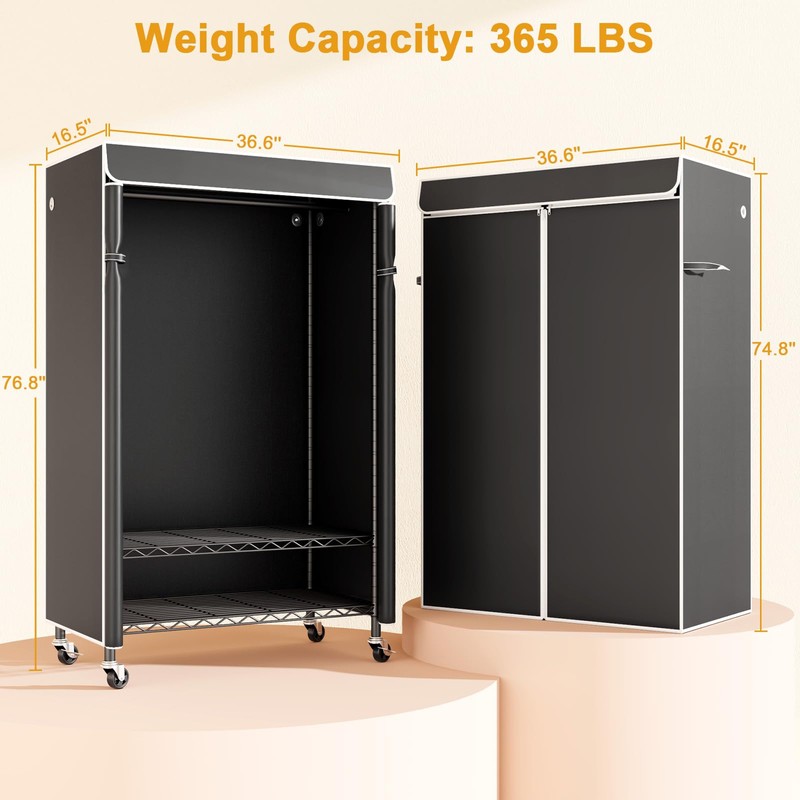 ULIFHOME P6C Rolling Clothes Rack with Cover, Covered Clothing Racks