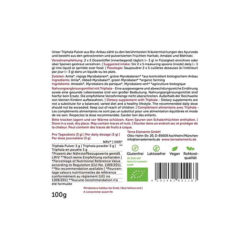 Terra Elements Organic Triphala Powder, 100 g, Triple Fruit from
