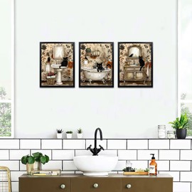 sechars Vintage Bathroom Wall Art Black Cats Painting Pictures Framed Bathroom Decor Canvas Print