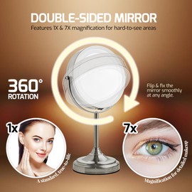OVENTE 7'' Lighted Makeup Mirror with 1X/7X Magnification, Cordless Tabletop Mount Vanity Mirror with 360° Swivel Design & Double Sided Glow Cosmetic White LED Ring Light, Nickel Brushed MCT70BR1X7X