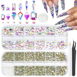 3520Pcs White AB Nail Rhinestones for Nails,Multi Shapes Flatback Nail Gems Round Glass Crystal Rhinestone for Crafts,1.3-4MM Size Nail Diamond Gemstones Charms for Nail Design DIY Makeup Decoration