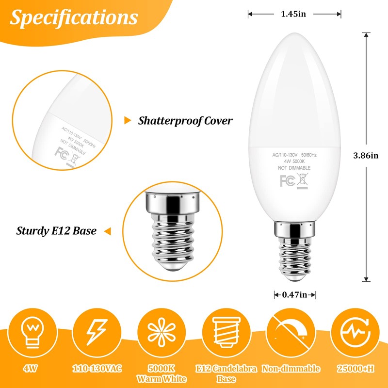 Brightever E12 LED Candelabra 40 Watt Equivalent Light Bulbs, 4W