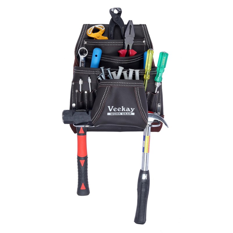 VEEKAY 10-Pocket Resin Finish Leather Tool Pouch with Carpenter's Nail
