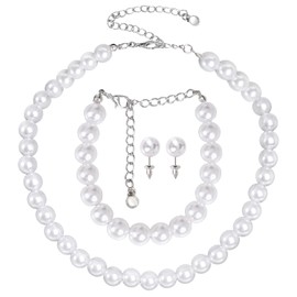 Jmkcoz Pearls Jewelry Set for Women Necklace Earrings Bracelet Bridal Wedding Jewelry Sets for Brides Bridesmaid Party (10mm Pearl)