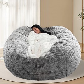 BCU 6FT Bean Bag Chair for Adults and Kids Without Filler Giant Stuffed Animal Storage Cover Soft Faux Fur Floor Chair Cover for Bedroom Living Room, Grey