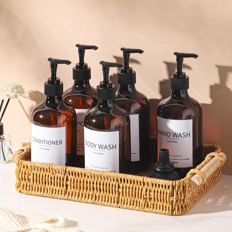 Stylish Shampoo Bottles Refillable with Pump,(5Pack) Amber Shampoo and Conditioner