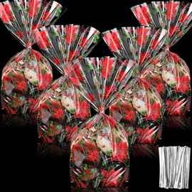 Outus 100 Pcs Christmas Favor Bags Snowflake Pattern Treat Bags Flat Cellophane Plastic Bags for Bakery Popcorn Cookies Candies Dessert with 100 Pieces Twist Ties (Red,Leaves and Flowers)