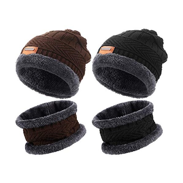 Winter Beanie Hat Scarf Set Fleece Lined Skull Cap and Scarf Unisex, 4 Pieces (Black and Coffee)
