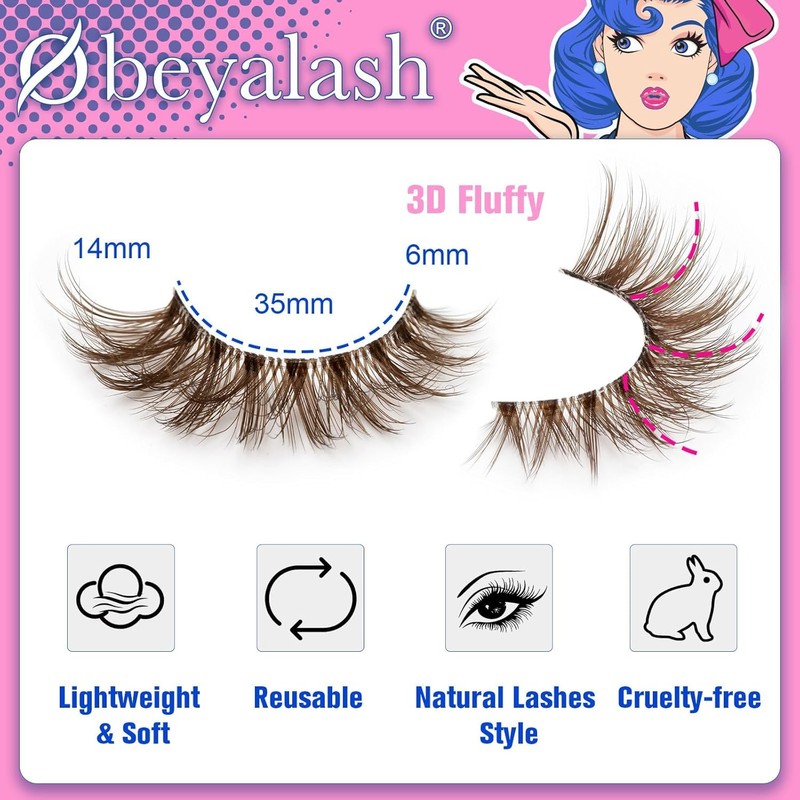 Obeyalash Brown Eyelashes, Cat Eye Lashes, 3D Fluffy Eyelashes, Natural
