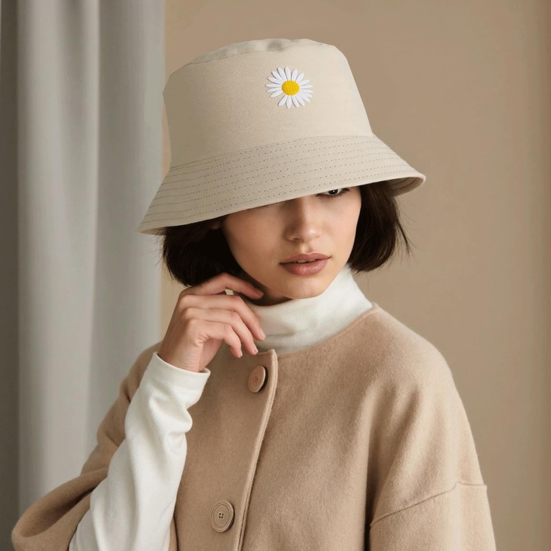 MUNSKT One Piece Bucket Hats Women,Daisy Embroidery Bucket Hat Ladies