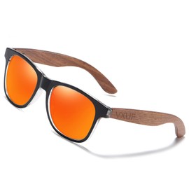 VXUF Wooden Sunglasses Polarized for Men Women UVA/UVB Protection Wooden Bamboo Frame Mirrored Sun Glasses, Red Lens/Black Walnut