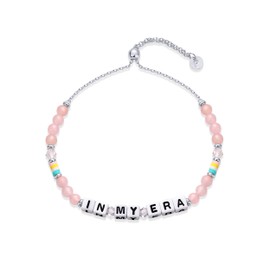 PAVOI Rhodium Plated Beaded Bracelet Rose Quartz for Women | Adjustable IN MY ERA Inspirational Bracelet | Colorful Rubber Beads | Trendy Stackable Bracelets, 10 Inches, Quartz