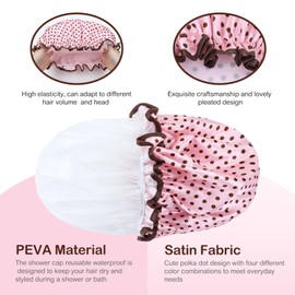 Yoosit 4 PACK Large Waterproof Satin Shower Caps Adjustable Bath Hair Caps Silky Fabric Lined Bathing Hair Cover Wraps Bonnets Hair Protector for Women Girls (Polka Dots Colors)