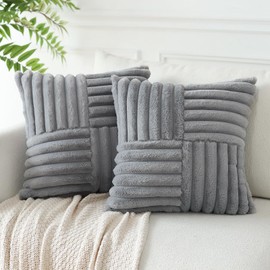 JOTOM Set of 2 Faux Rabbit Fur Cushion Covers with Splicing 45x45 cm Soft Striped Decorative Throw Pillow Covers Square Cushion Case Home Decor Pillow Cases for Couch Sofa Bed 18x18 Inch (Grey)