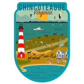 Die Cut Sticker Chinconteague, Virginia, Beach, Ocean, and Lighthouse, Geometric, Contour Vinyl Sticker 1 to 3 inches (Waterproof Decal for Cars, Water Bottles, Laptops, Coolers), Small