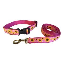 Preston Sunflower Dog Collar and Leash Set - Pink and Yellow Flower Ribbon on Pink Nylon Webbing (Medium)