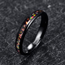 Vakki Women Men Black Color Synthetic Opal Tungsten Carbide Black Wedding Band Comfort Band Ring Size J to Z Available, Opal