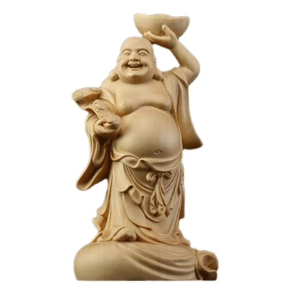 Wooden Carving, Seven Lucky Gods, Hotei-like Figurine, Cypress Wood, Luxury Wood Carving, Hotei Figurine, Buddha Statue, Good Luck Up, Feng Shui Goods (5.1 inches (13 cm)