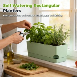 4 Pack Self Watering Pots for Indoor Plants 17 Inches Window Boxes Planters Rectangular Flower Pots Rectangle Herb Pots Large Plant Pots with Drainage Holes and Saucers Windowsill Planter, Green