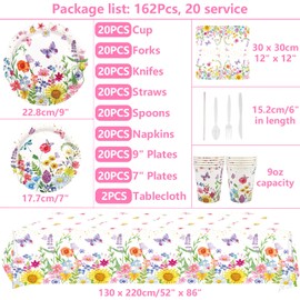 Wildflower Party Supplies - Floral Party Tableware - Dinner Plates Desserts Plates Cups Napkins Tablecover Straws for garden Floral Flower Theme Party Baby Shower Supplies, Serves 20 (20)