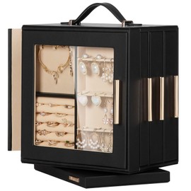 Homde Christmas Gifts Jewelry Box 360° Rotating, Necklace Earring Organizer with Transparent Window, Mirror, 7 Drawers, Large Ring Display Storage Case for Girls Women (Black)