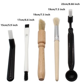 Kyuionty Coffee Grinder Cleaning Brush, Espresso Machine Brush Kit Wood Handle & Natural Bristles Wood Dusting Espresso Brush Set with Spoon for Bean Grain Coffee Tool (Pack of 5)