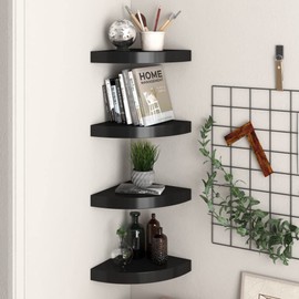 TREATLIFE HOME Stylish Floating Corner Shelves Set for Home Decor, 4 Pieces, Durable MDF and Metal, Black, 9.8" x 9.8" x 1.5"