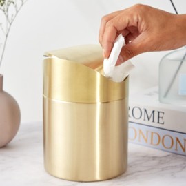 Stainless Steel Trash Can with Swing Lid, Mini Countertop Trash Bin Bathroom, Golden Desktop Garbage Cans Tiny Kitchen Waste Bins with Trash Bag