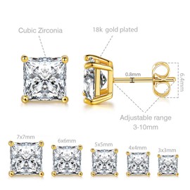 MDFUN 18K Yellow Gold Plated Princess Cut Square Clear Cubic Zirconia Stud Earring Pack of 5 Pairs
