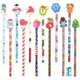 Pack of 12 Christmas Pencils with Erasers & Pencil Sharpener, Wooden Pencils with Christmas Erasers, Christmas Paper Gift Set, Christmas Novelty Rubbers Stocking Fillers for Children