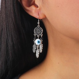 Inilbran Boho Evil Eye Earrings Silver Dream Catcher Drop Earrings Vintage Leaf Feather Dangle Earrings Blue Evil Eye Earrings Jewellery for Women and Girls, Zinc, No Gemstone